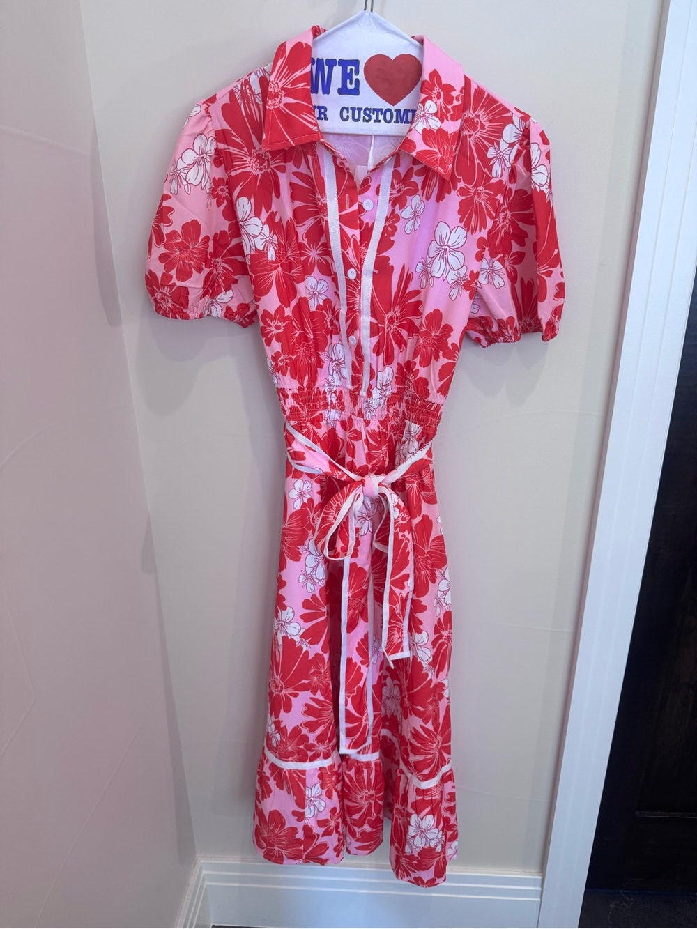 Grace Karin Pink and Red Floral Tie-Waist Shirt Dress NWT